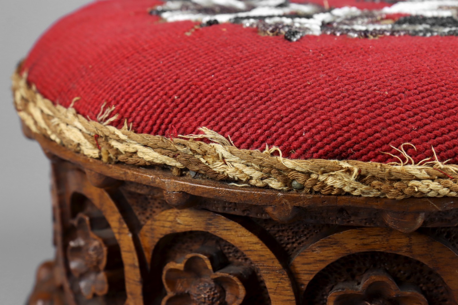 Antique 19th Century Ecclesiastical Gothic Carved Wood Oak Beaded Footstool