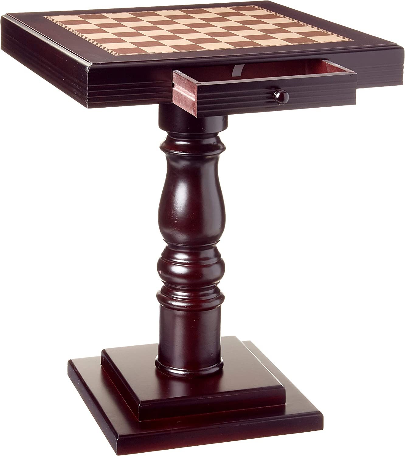 Solid Wood Pedestal Chess Game End Table Board Top Mahogany Finish Side Accent