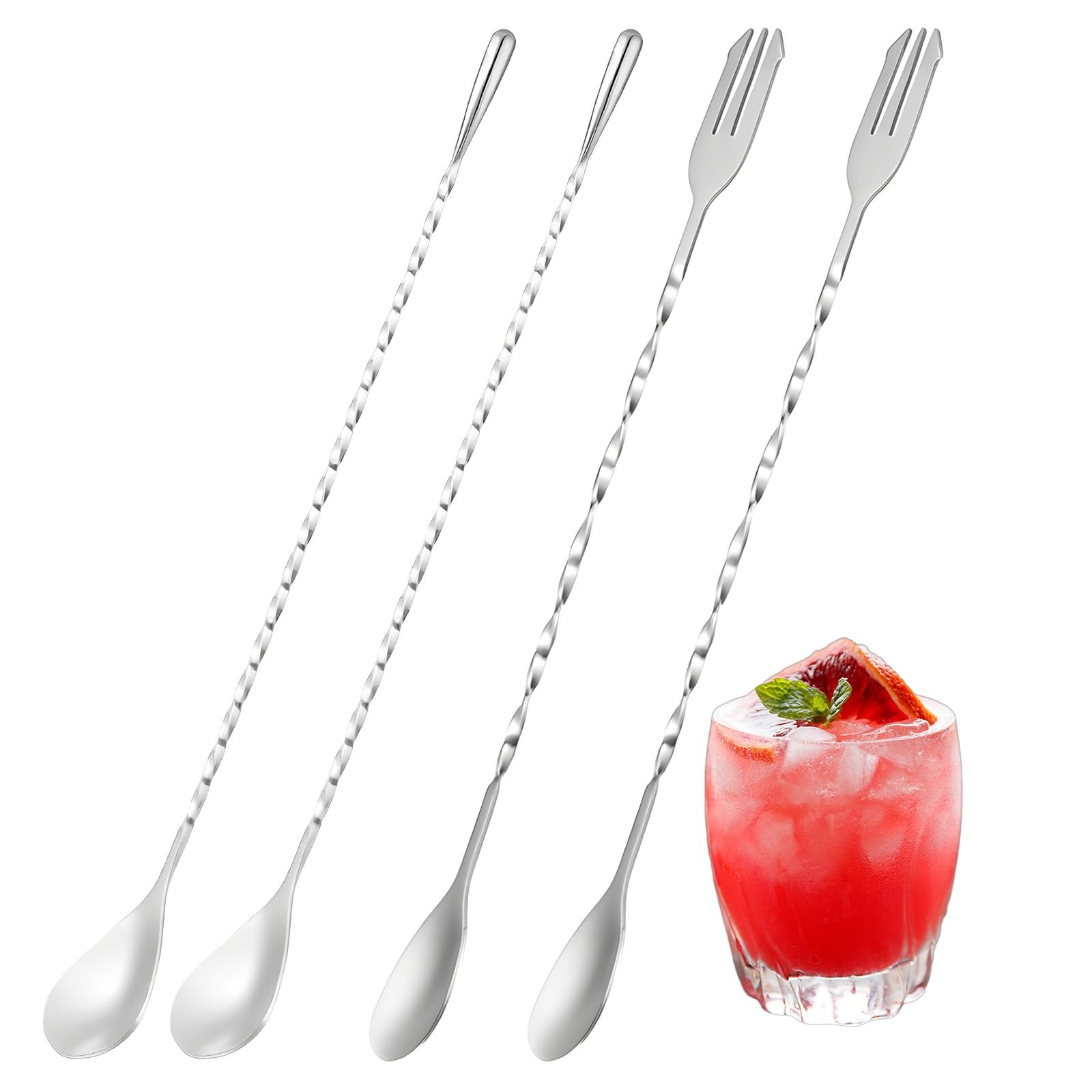 4PCS Cocktail Spoon Long Handle Bar Spoon, 12inch Stainless One size, Silver