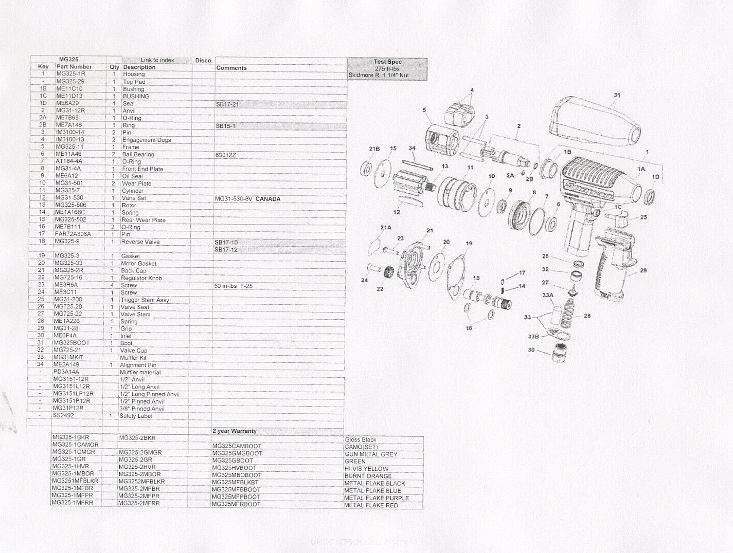 SNAP ON MG325 TUNE UP KIT WITH BEARINGS FITS 3/8" DRIVE MODELS DOES NOT FIT MG31