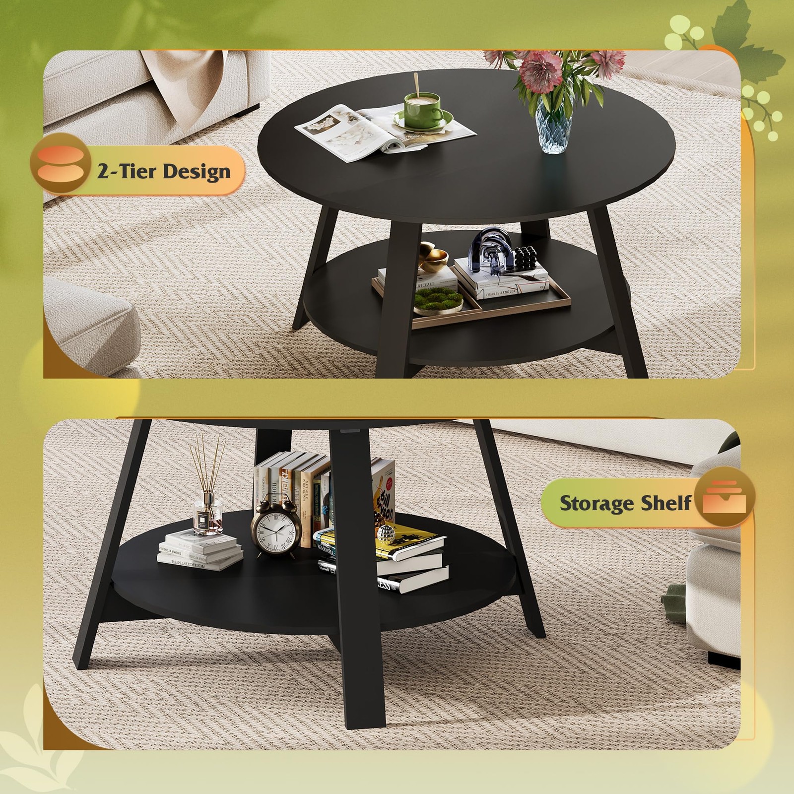 31.5 Inch Wood Black Round Coffee Table For Living Room With Storage Clearance