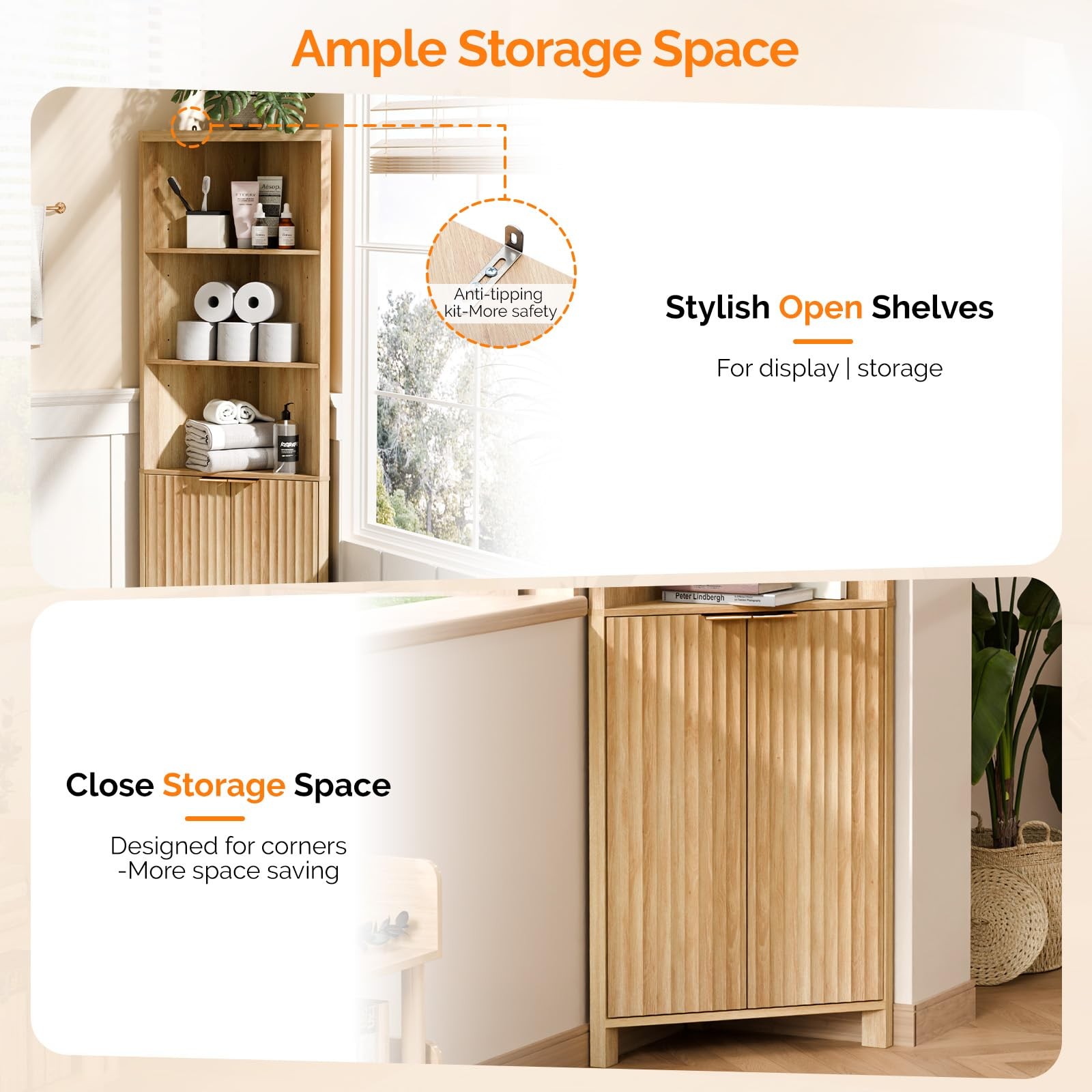 Tall Corner Cabinet with Fluted Doors, 68" Oak Corner Storage Cabinet