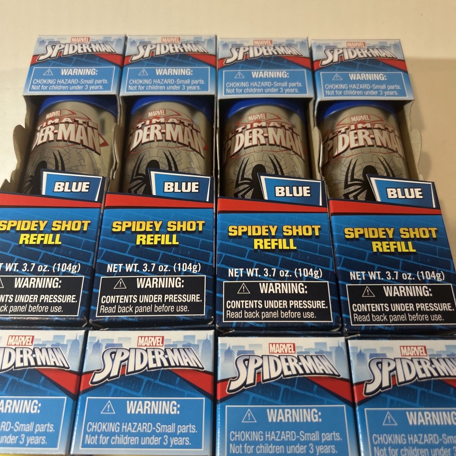 8-Ultimate Spiderman Shot Web Fluid Refill-4Yellow/ 4 Blue -New!!!