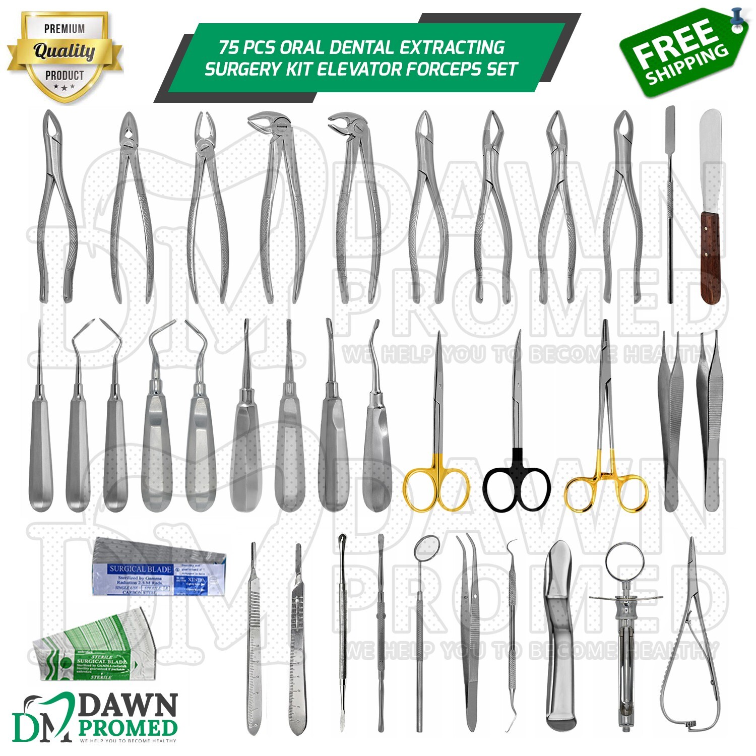 75 Pcs Oral Dental Extracting Surgery Kit Elevator Forceps Set German Grade