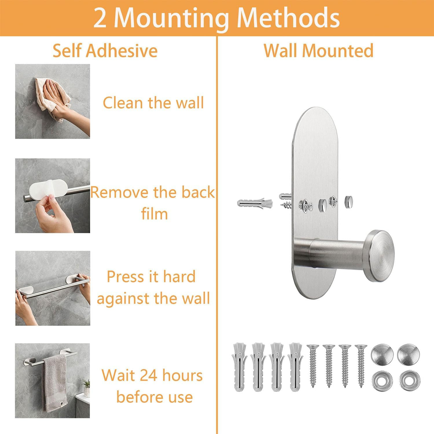 5 Pieces Wall Mounted or Self Adhesive Towel Bar Set, Stainless Steel Bathroom H