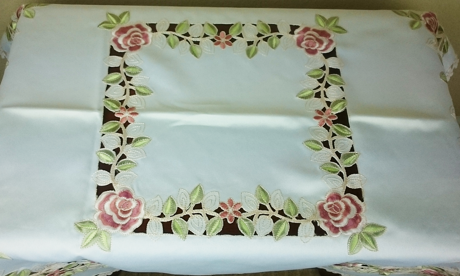 Ivory Cream Embroidered Rose Cutwork 33" Square Polyester Tablecloth Table Cover