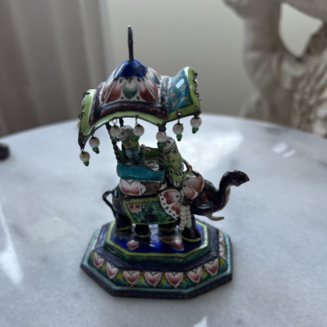 Antique Vintage 1950s India Enamel on Silver Elephant Figure