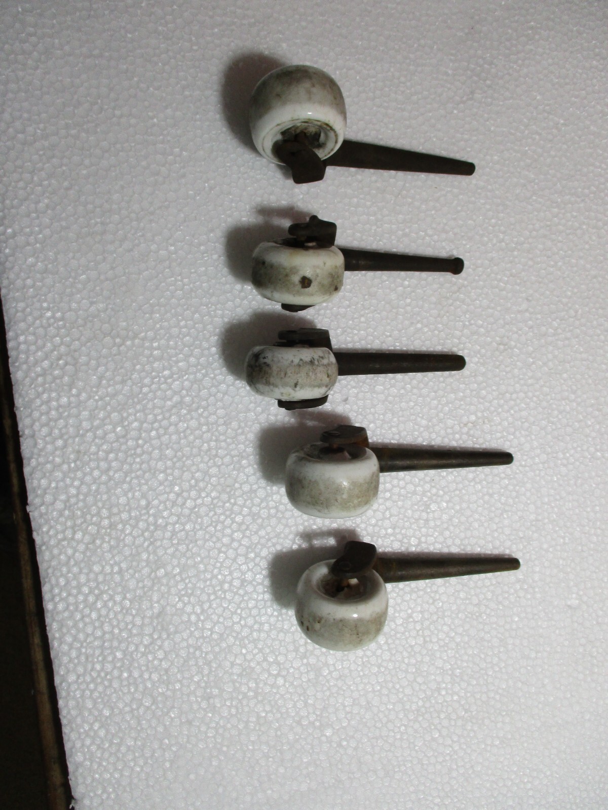 5 LARGE Antique Furniture Porcelain Caster Wheels Steel Pins NON MATCHING!!!