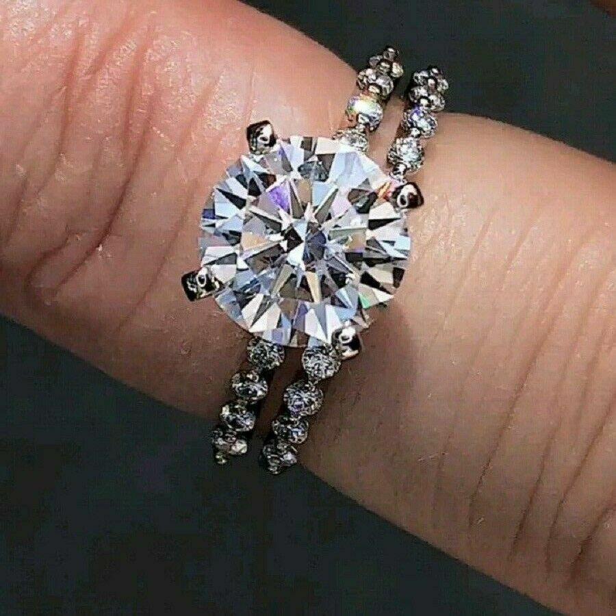 Solid 14k White Gold 3.25Ct Round Cut Diamond Wedding Ring Set Simulated Size 7