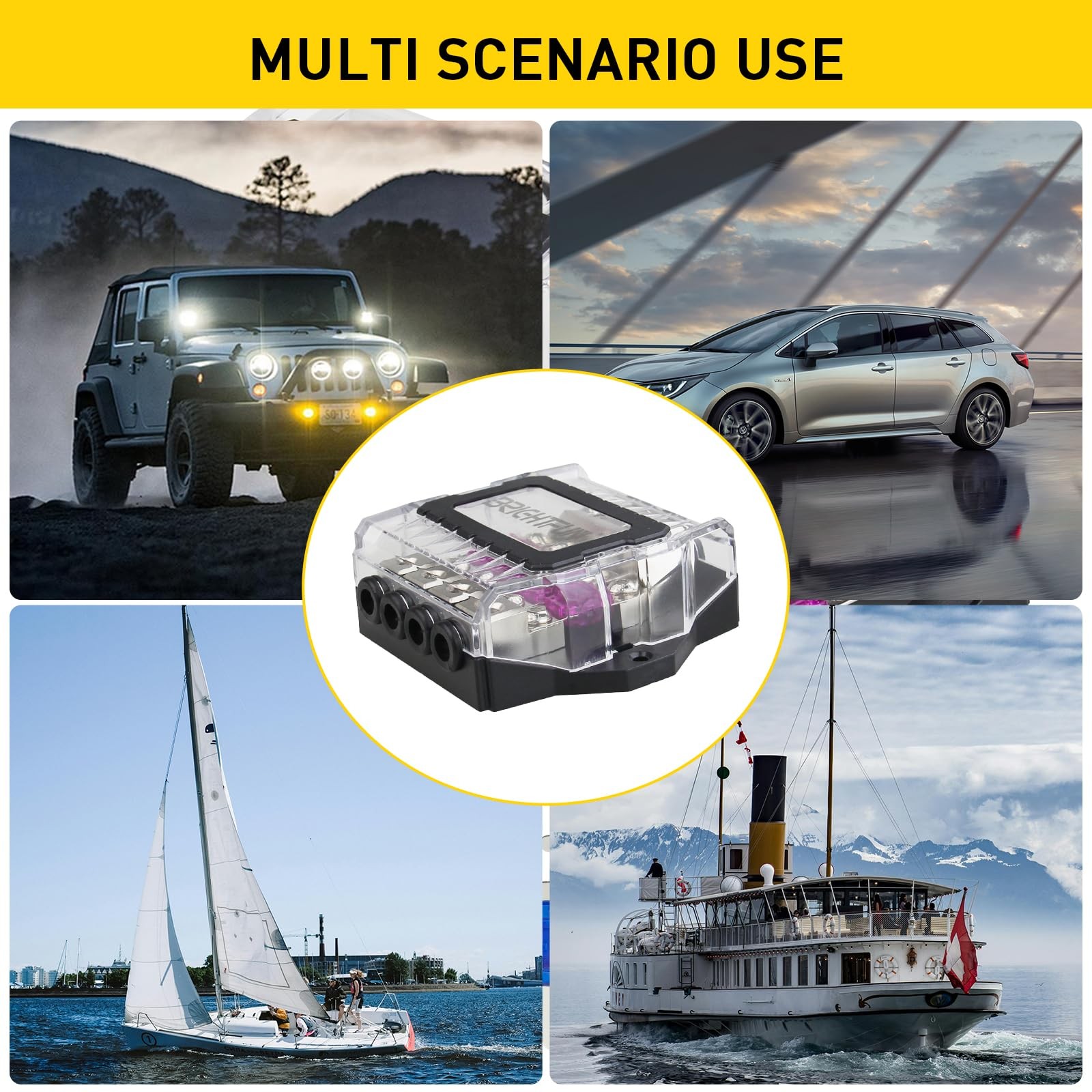 4 Way ANL Fused Distribution Block, 2 X 0/2/4 Gauge in / 4 X 4/8/10Gauge Out Fus