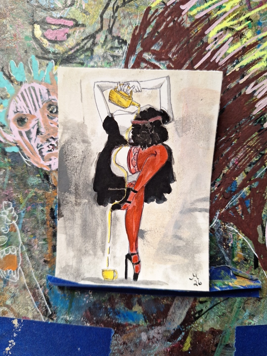 Woman Pouring Tea into Cup From Body ACEO ATC OOAK ORIGINAL 3.5 x 2.5 inches