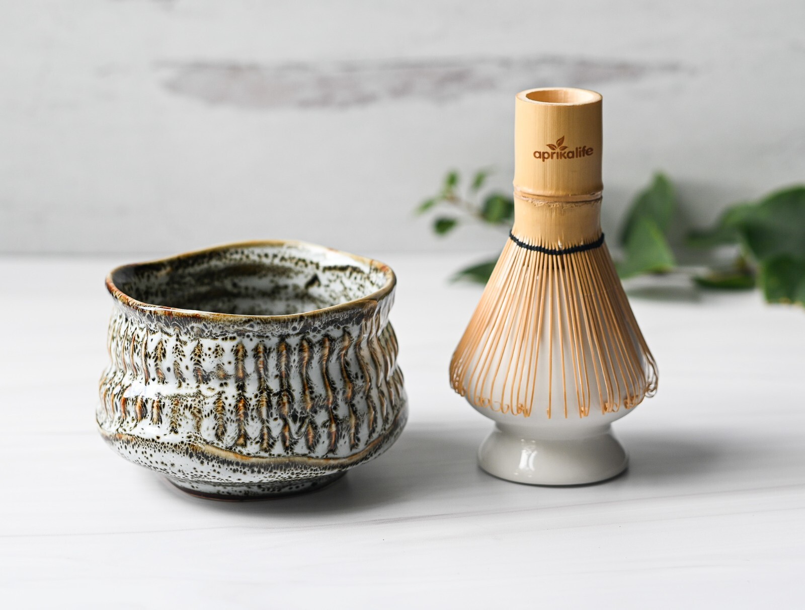 White Matcha Set: Matcha Bowl, Bamboo Matcha Whisk, Ceramic Whisk Holder