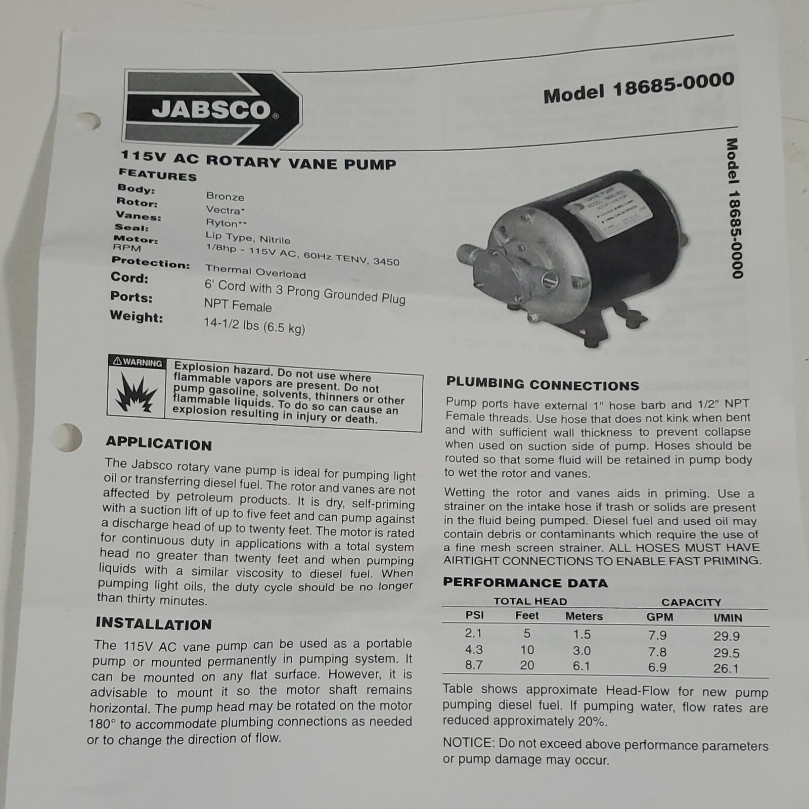 *NEW* Jabsco 18685-0000 Rotary Pump Bronze 1/2" FNPT Vane Puppy + Warranty!