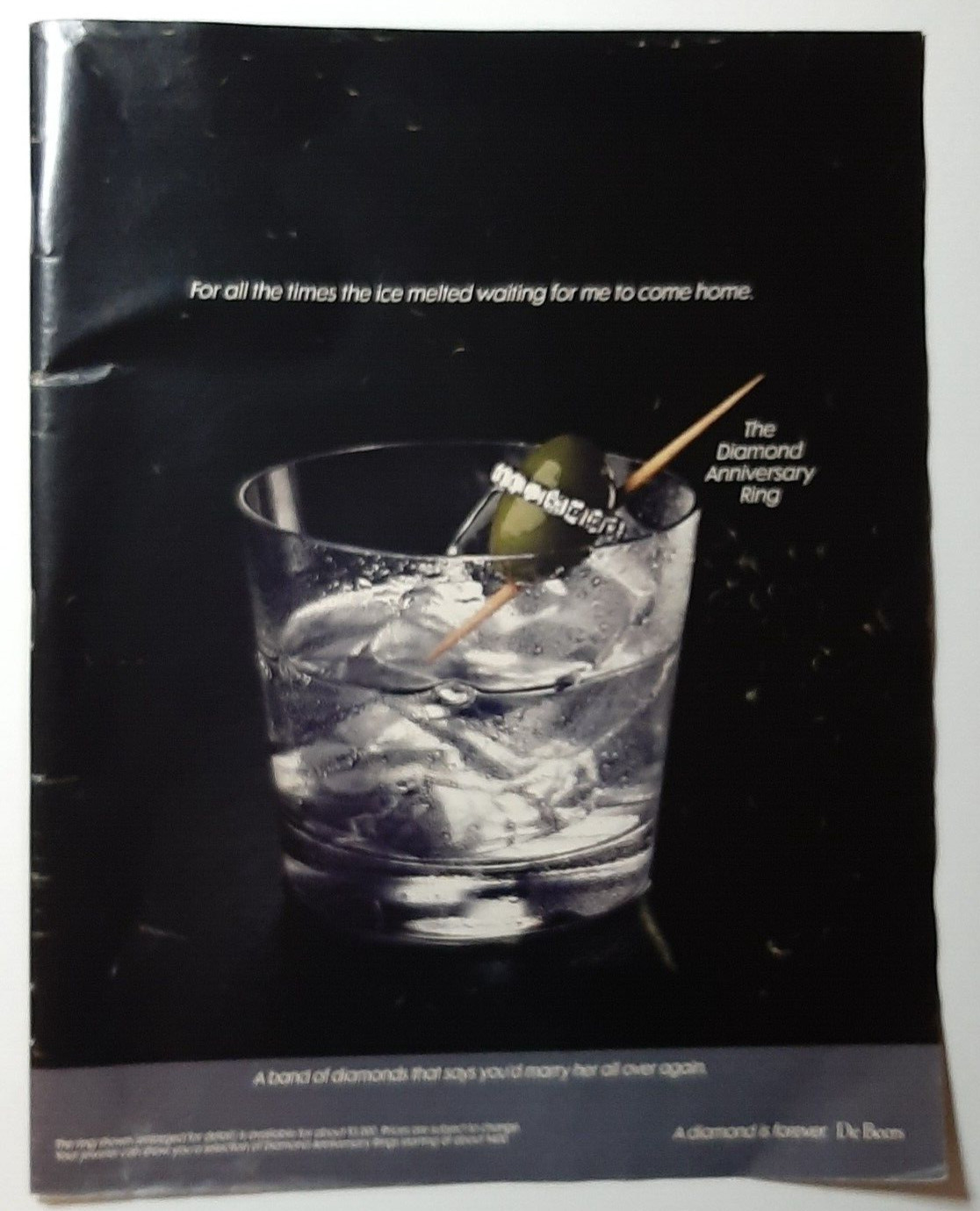 1981 DeBeers Vintage Print Ad Diamonds Wedding Anniversary Rocks Glass Olive Ice
