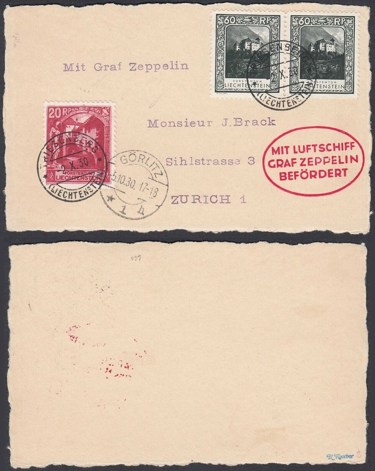 Liechtenstein Zeppelin Post - 1930 Zurich Flight - Sieger 91.Bb - FRESH & SUPERB