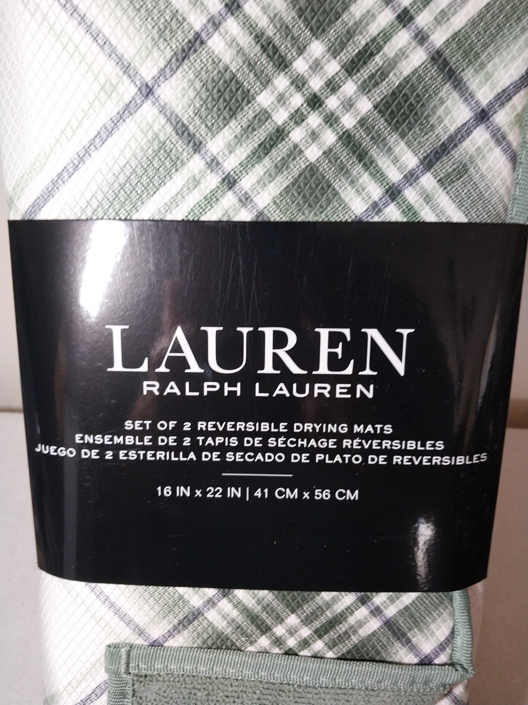 Lauren Ralph Lauren 2 Green White Plaid Reversible Dish Drying Mats 16"x22"