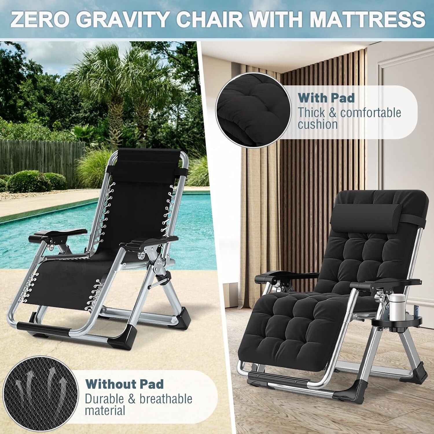NAIZEA Zero Gravity Chair, Premium Lawn Recliner Folding Chaise Lounge & Cushion