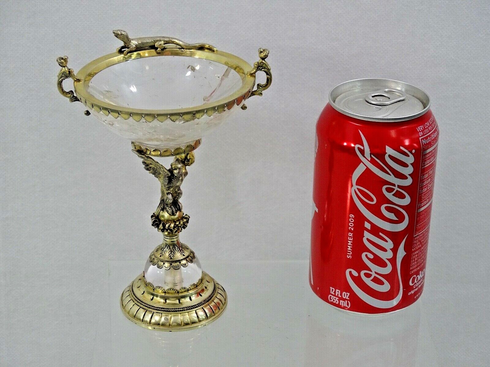 GORGEOUS SILVER - GILT / ROCK CRYSTAL TAZZA ANTIQUE GERMAN FIGURAL EAGLE LIZARD