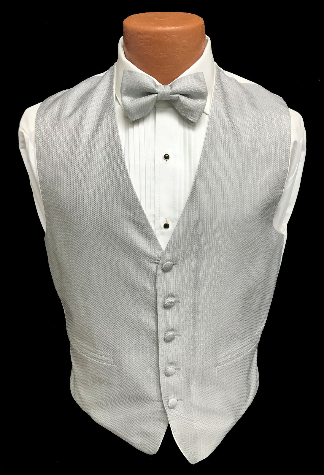 Men's Platinum Light Silver Tuxedo Vest & Tie Bow or Long Herringbone Pattern