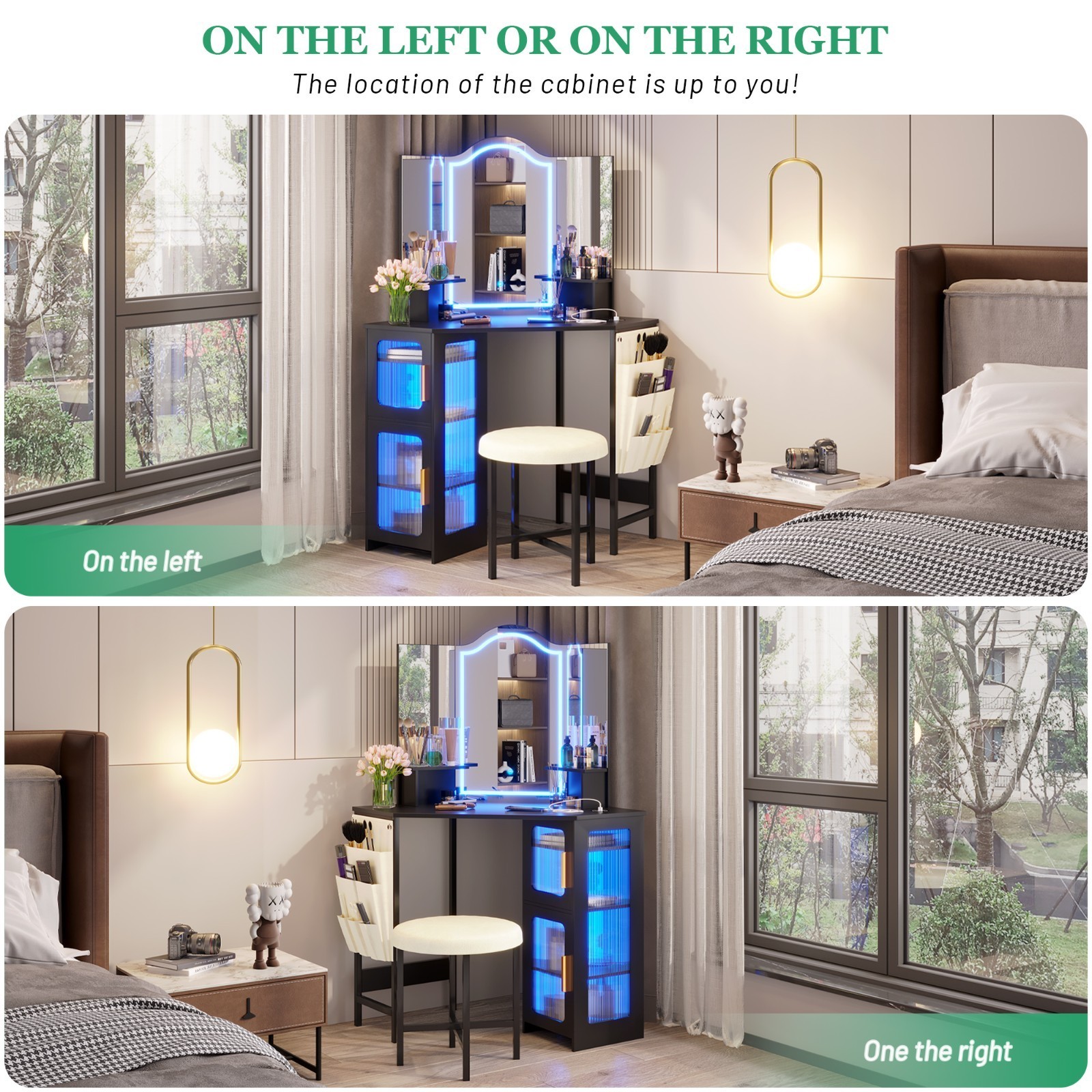 Corner Vanity Desk with Mirror and Lights, Makeup Vanity with Charging Station