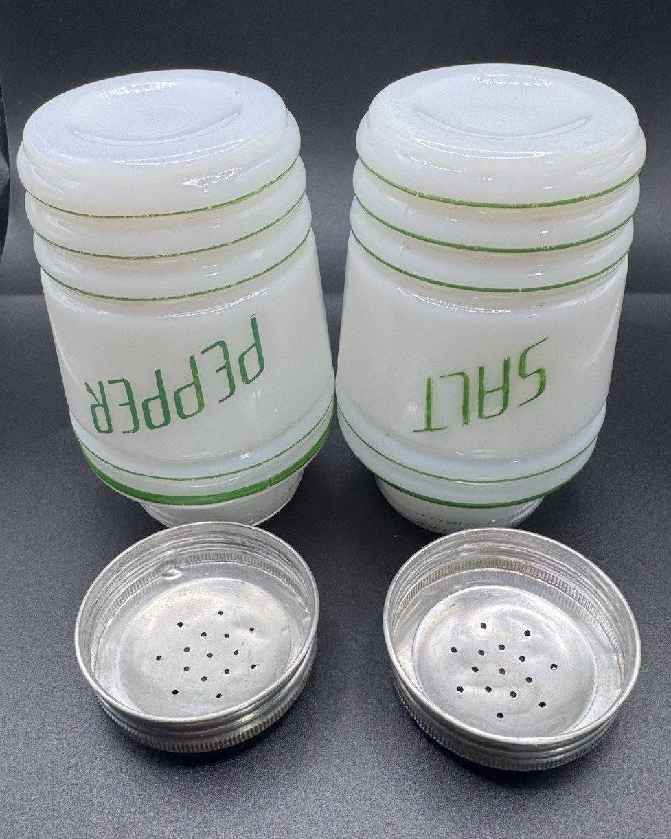 HAZEL ATLAS White Milk Glass Green Letters 1940s Ribbed Salt Pepper Shakers Set