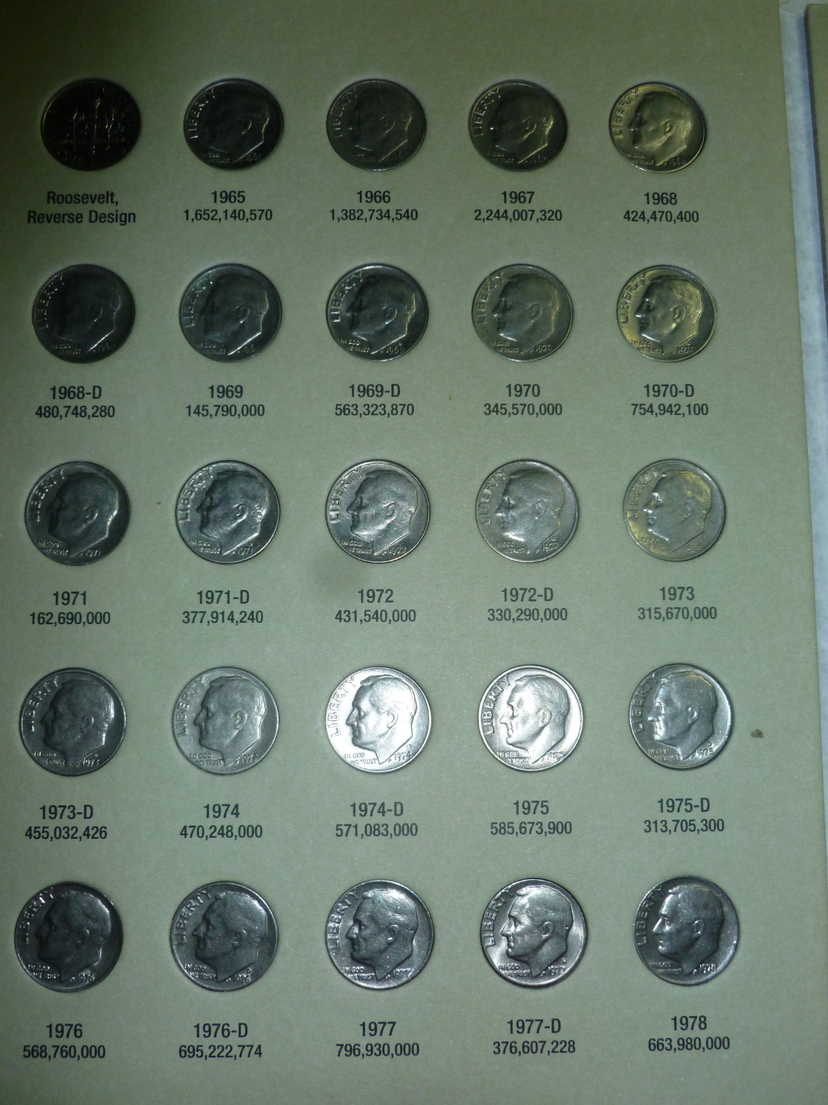 1965 to 1999 Roosevelt Dime Set coins. #F21-65 COMPLETE