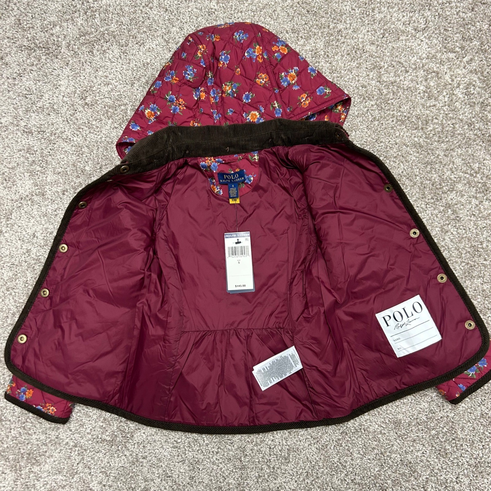 NWT Polo Ralph Lauren Water Repellent Barn Jacket Floral Girls 5 Corduroy Trim