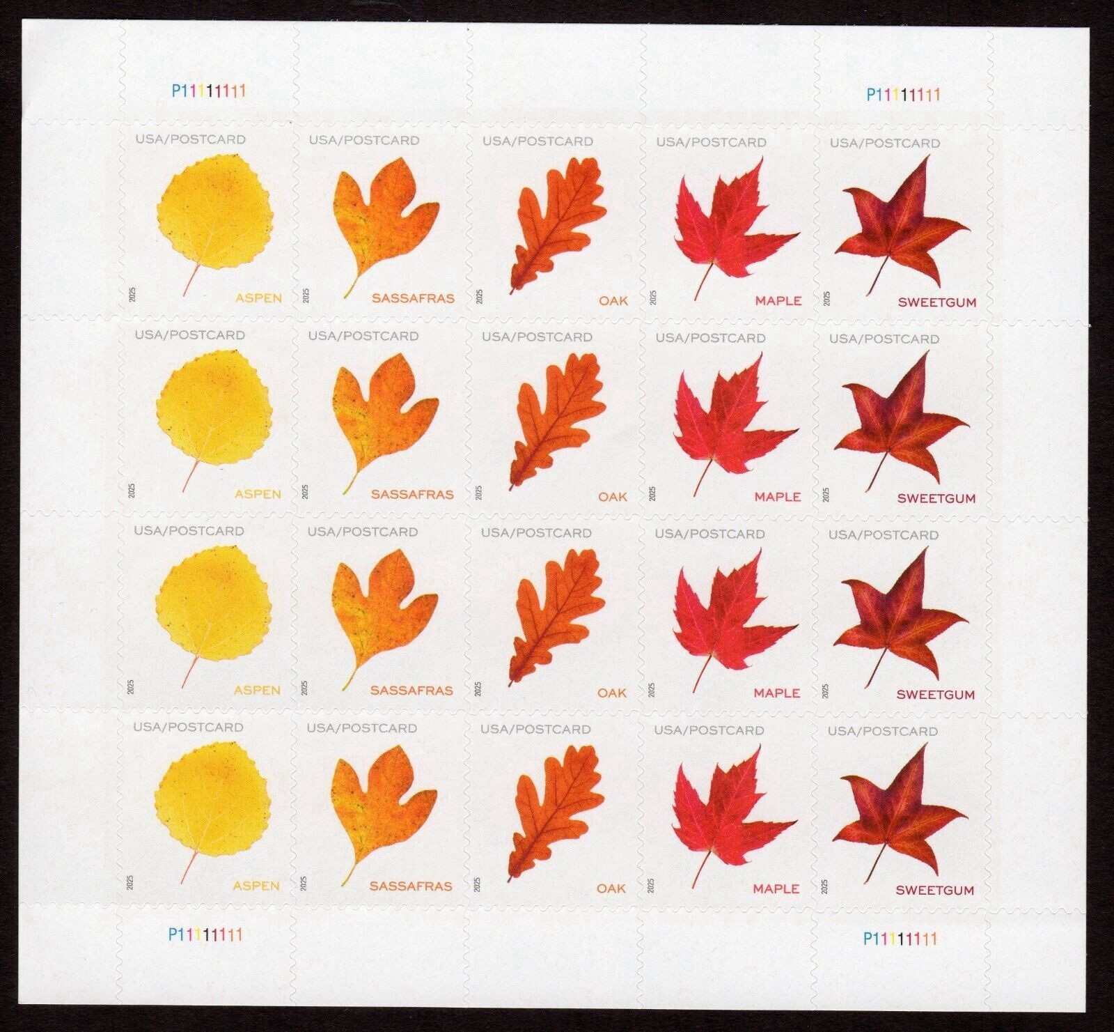 2025 USPS SHEET OF 20 POSTCARD STAMPS VIBRANT LEAVES 61¢