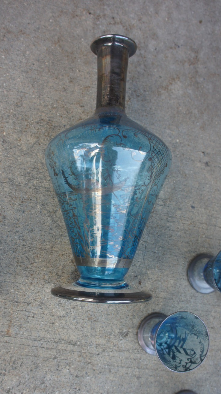 Vintage Venetian Murano Glass Decanter & Six Cordial Glasses Blue Silver Overlay