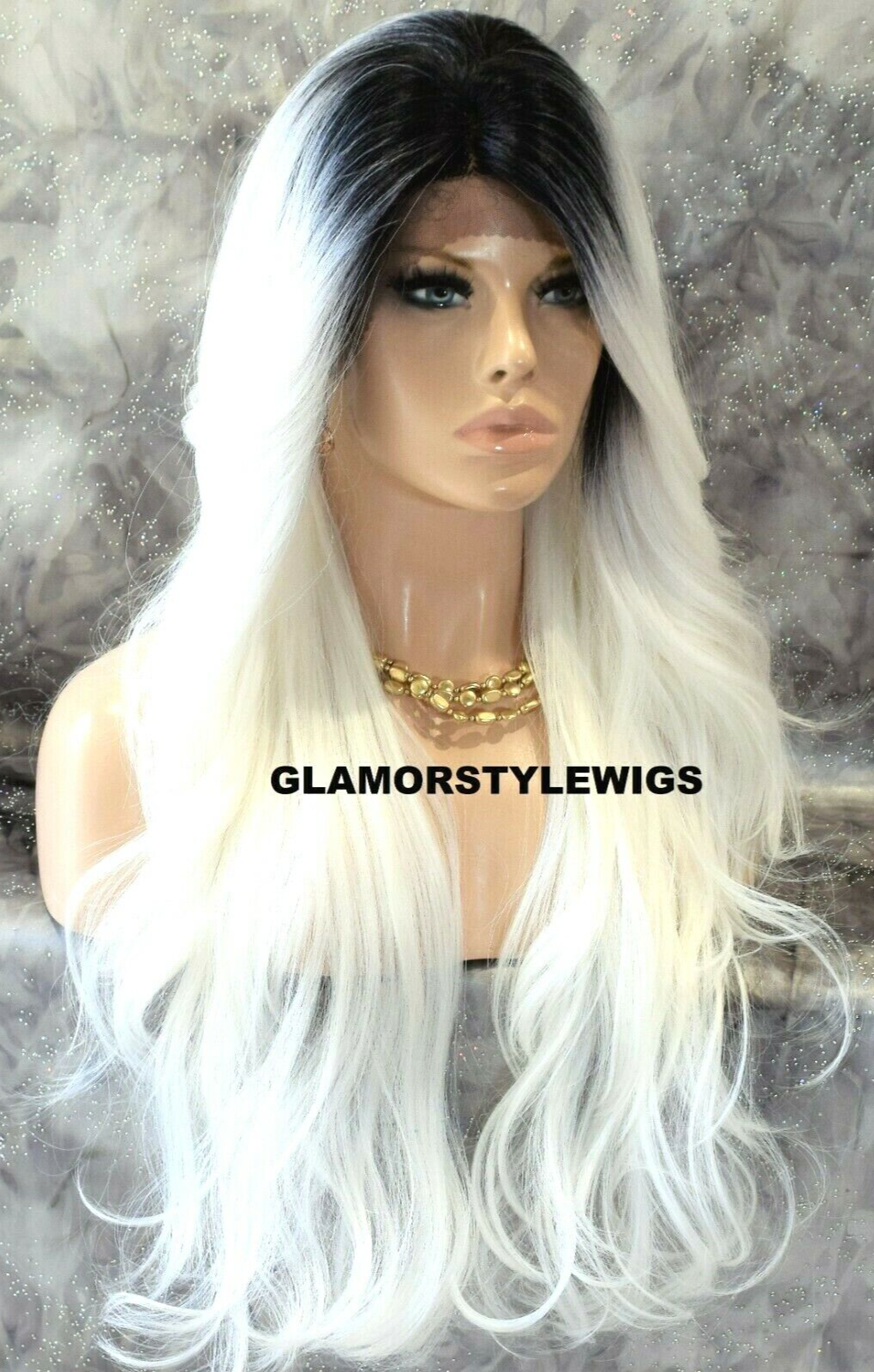 LACE FRONT FULL WIG LONG WAVY LAYERED OMBRE OFF BLACK WHITE MIX HEAT OK NWT