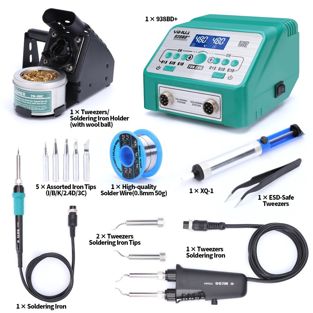 YIHUA 938BD+ Tweezers Soldering Station 2 in 1 Soldering Iron Kit Rework Station