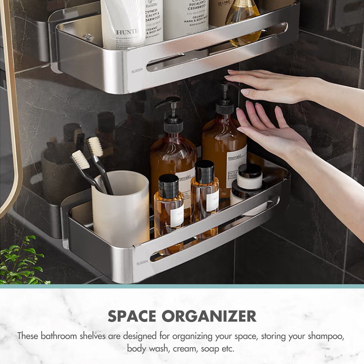 Shower Caddy, Adhesive Shower Shelves No Drilling, with 2 Adhesives，1.77" Height