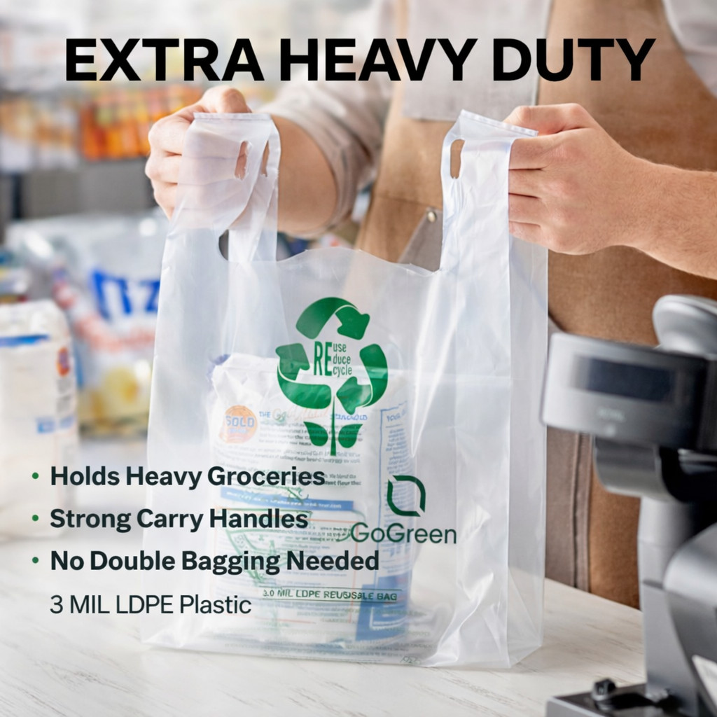 Extra Heavy Duty 1/6 21 x 6.5 x 11.5 3.0 mil T-Shirt Plastic Grocery Shopp Bags