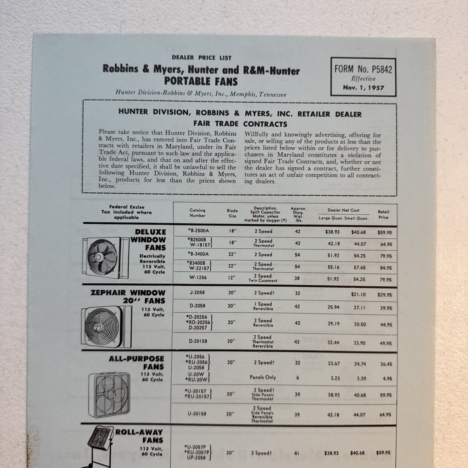 Hunter Division-Robbins & Myers, Inc. Portable Fans Dealer Price List 1957