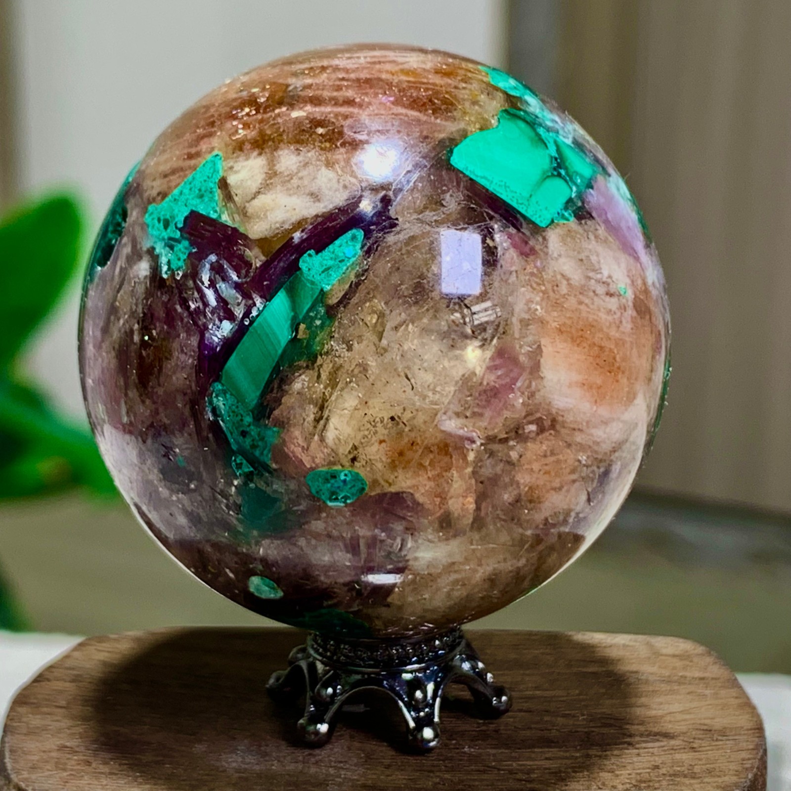 102G Newly discovered rare malachite purple mica symbiotic sphere restoration