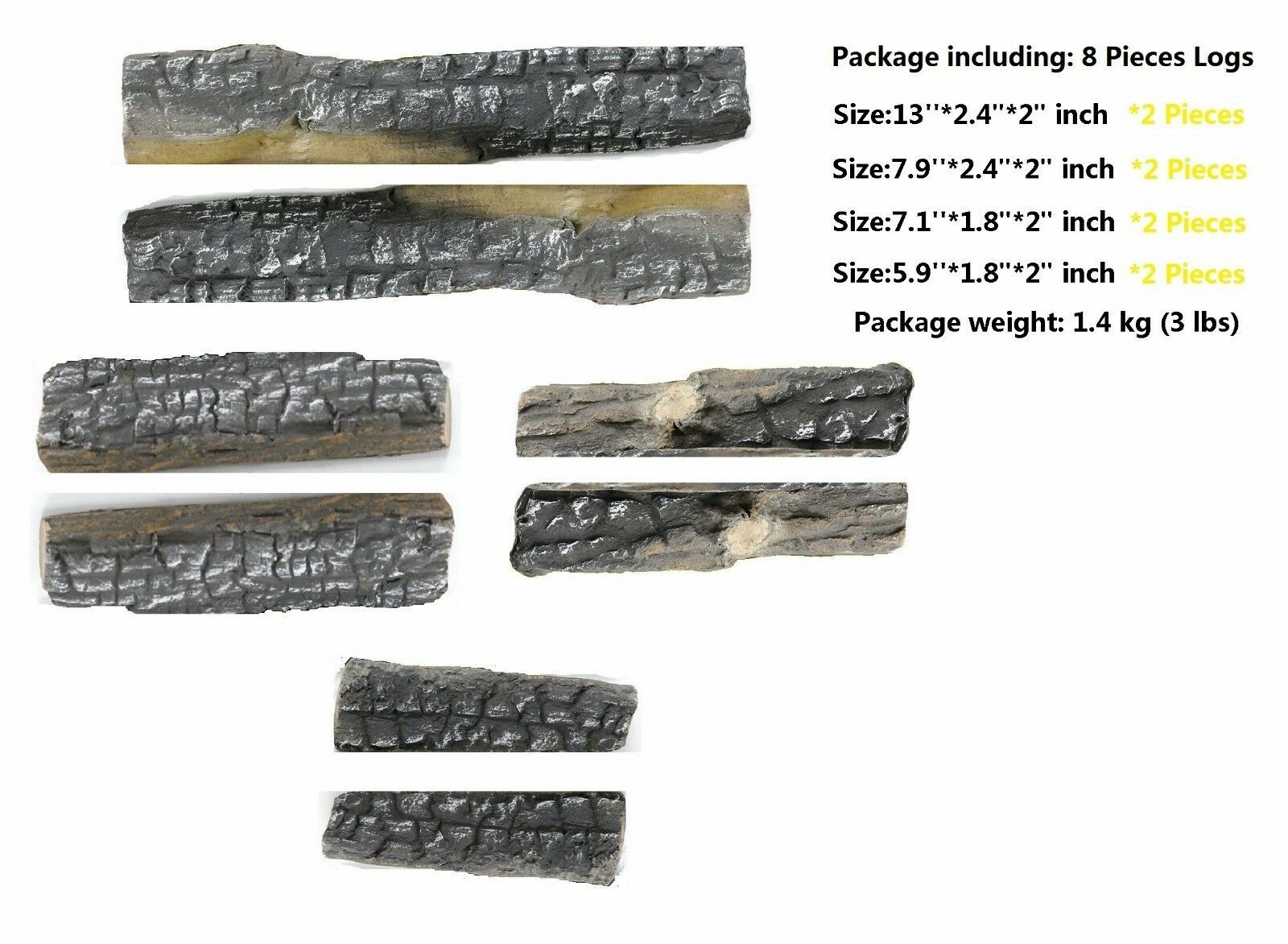 8 Piece Decorative Realistic Flame Petite Ceramic Wood Fireplace Firepit Log Set