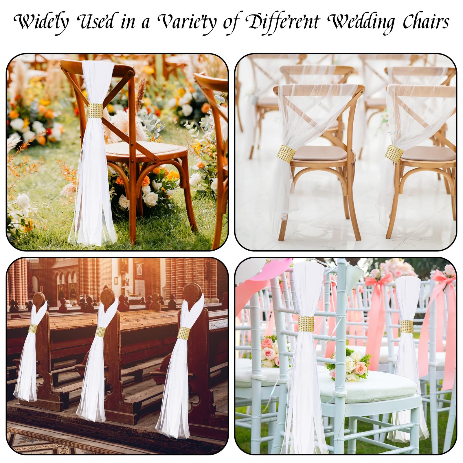 Large White Pew Bows Tulle Wedding Aisle Chair Decorations, Extended Church P...
