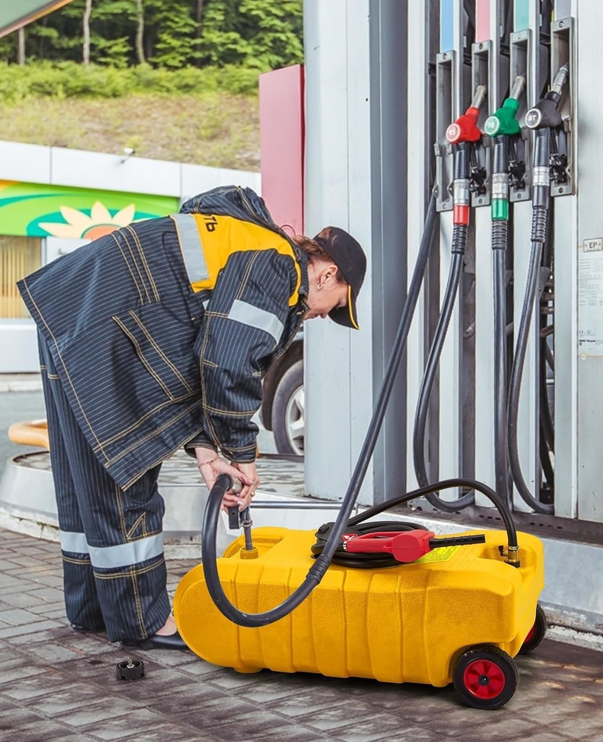 15 Gallon Fuel Caddy Gasoline Storage Tank Portable with Pump Hose 2 Gal/Min Flo