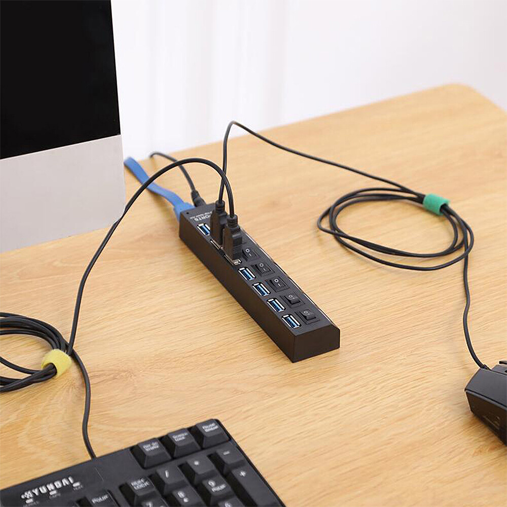 USB 3.0 Hub 7 Port On/Off Switch High Speed Splitter AC Adapter Cable PC Laptop