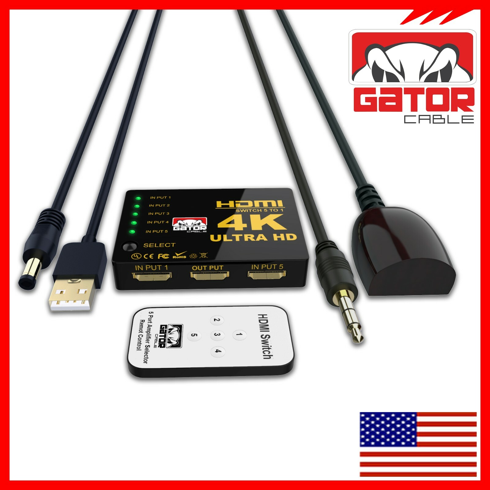 4K HDMI 2.0 Cable Splitter Switcher Box Hub IR Remote Control 5X1 Power 5 to 1
