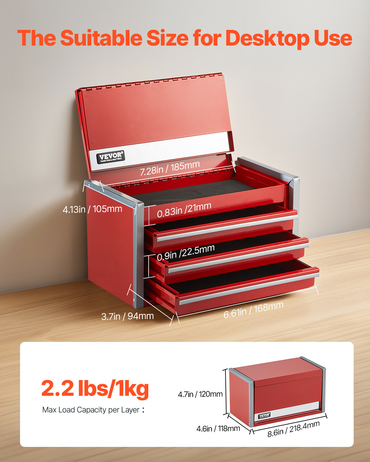 Tool Box 8.6-inch Portable Metal Tool Box 3 Drawers Tool Organizer Red