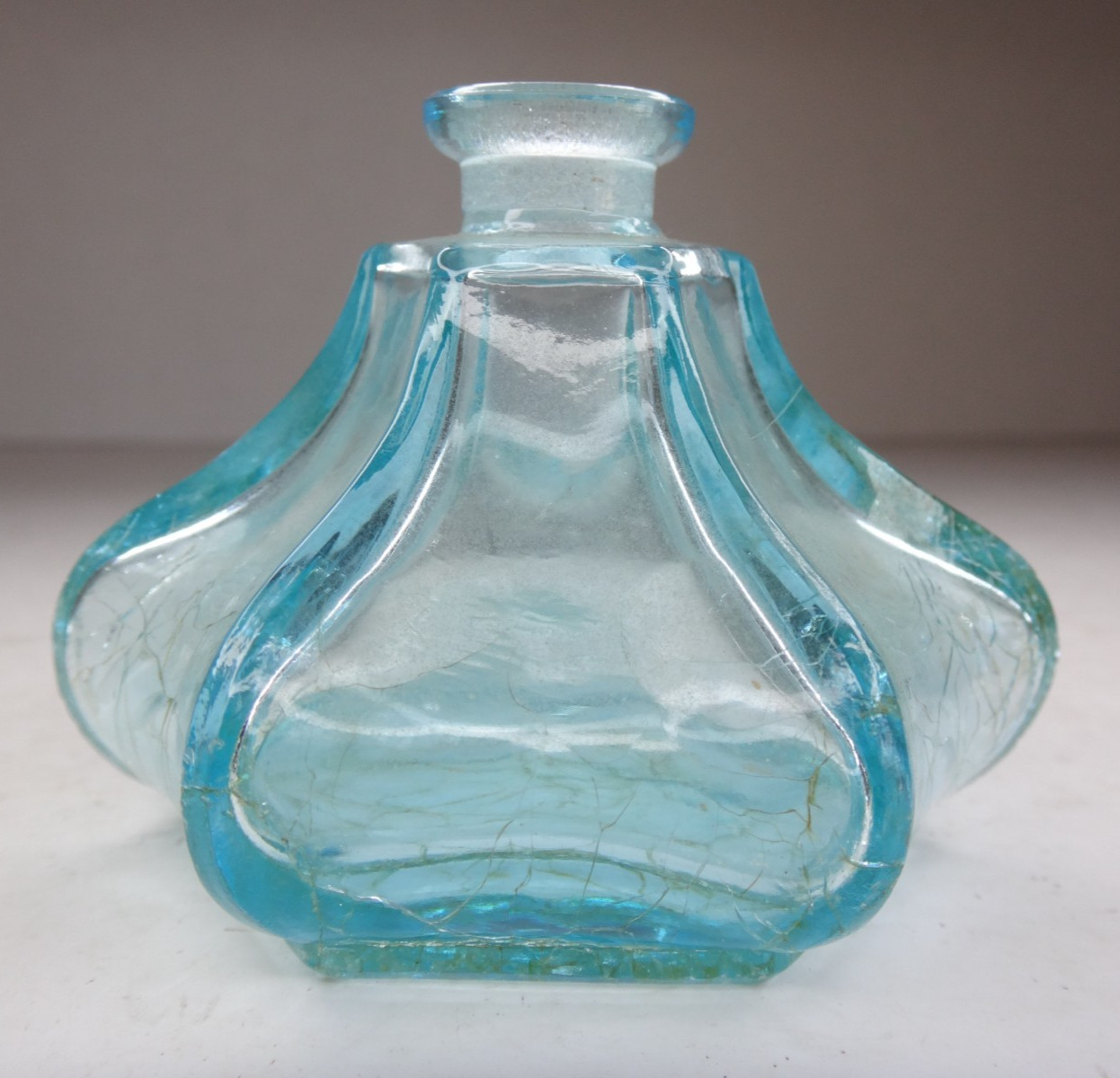 Antique Aqua Blue Green Inkwell Pressed Glass Bottle 6 Side UNUSUAL Shape
