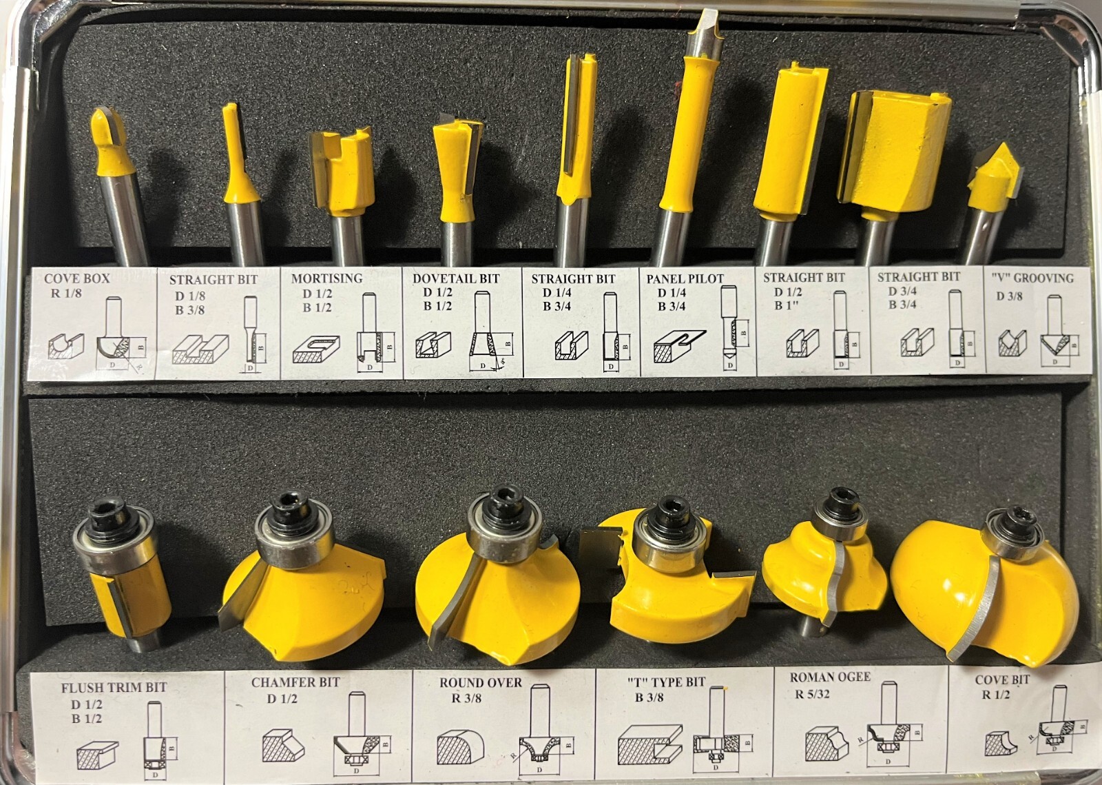15 Piece EDM ROUTER BIT SET - 1/4" Shank Tungsten Carbide Edges in Aluminum Case