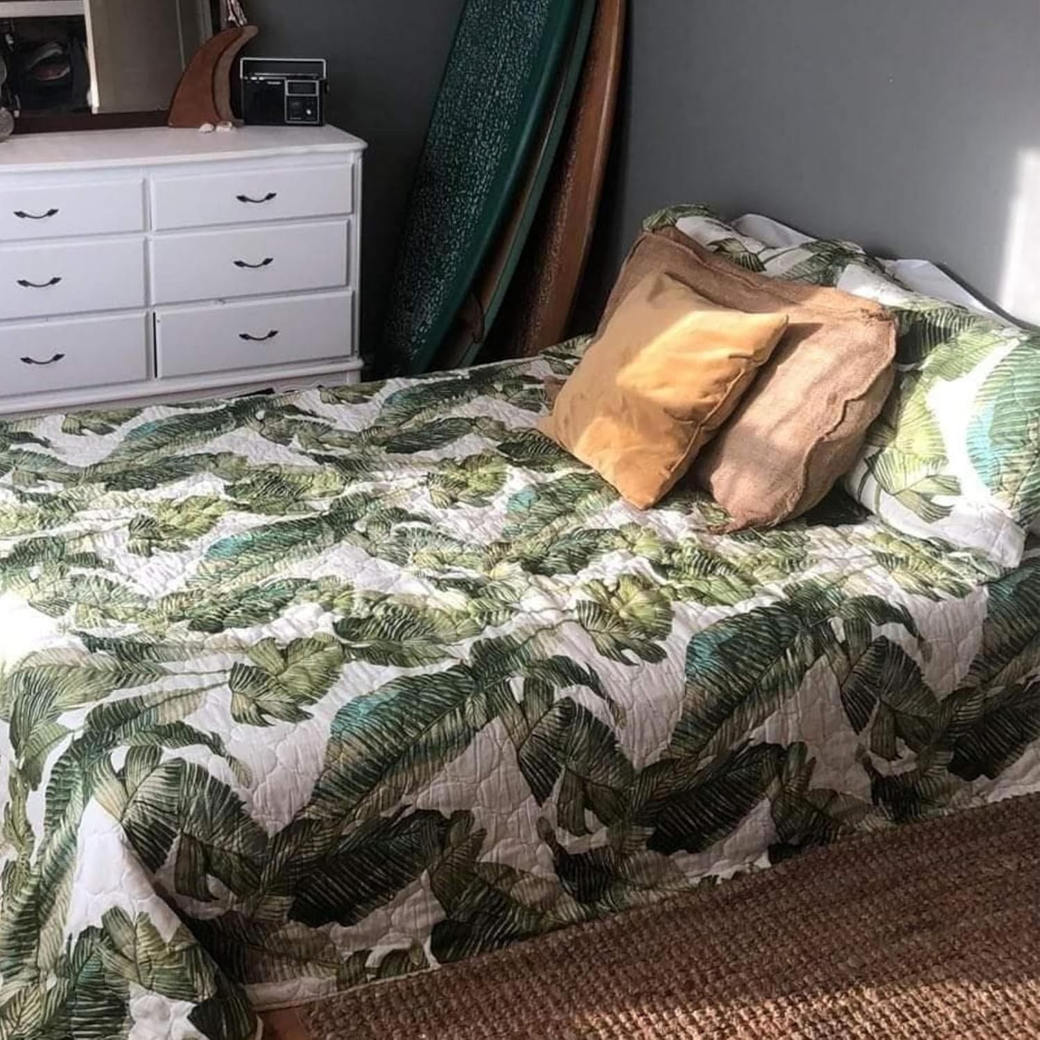 Queen Quilt Set Green Coastal Botanical Tropical Floral Bahama Exotic Leaves 3Pc