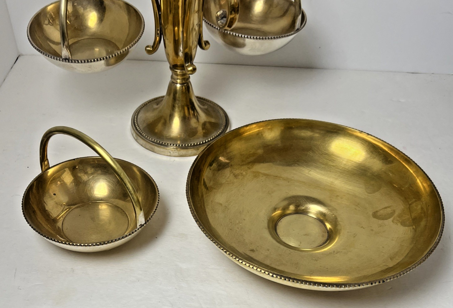 Antique Victorian Epergne Stand Gilt Silverplate Nickel 3 Hanging Bowls 11.5"