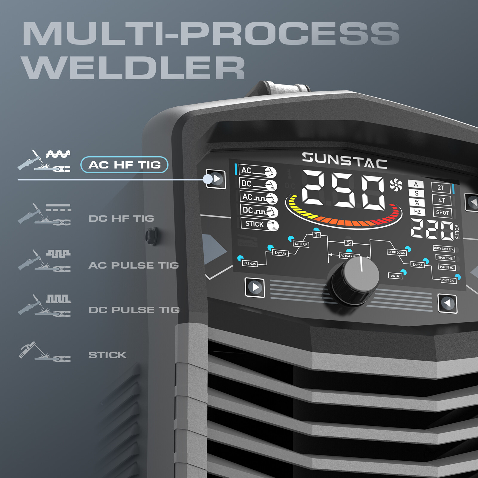 250A AC/DC Aluminum TIG Welder with Pulse DC TIG/AC TIG/Pulse TIG/SPOT TIG/Stick
