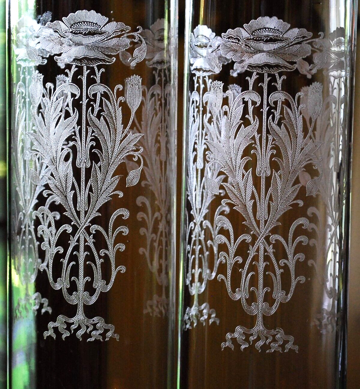 Set 2 TIFFIN FRANCISCAN Crystal Hurricane Lampshades FLANDERS CLEAR ETCH POPPIES