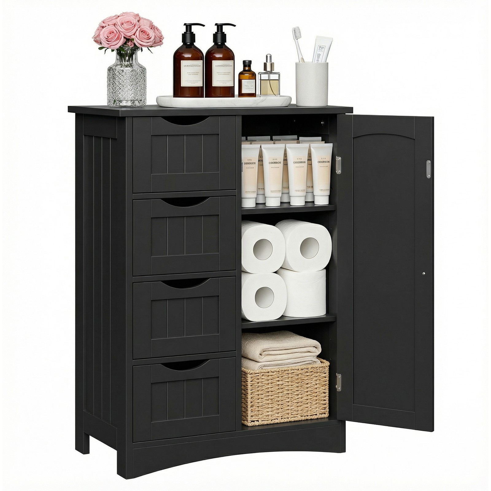 Bathroom Floor Storage Cabinet w/4 Drawers Adjustable Shelves Freestanding Black