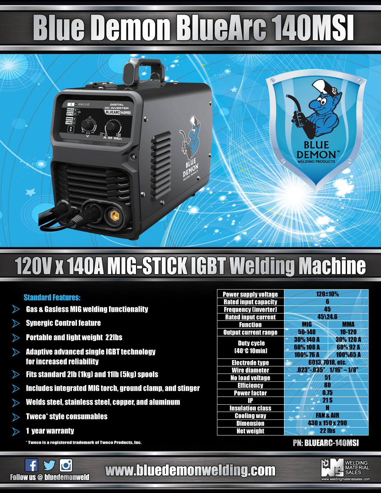 MIG-STICK Inverter Blue Demon Welding Machine BlueArc 140MSI 120v x 140am
