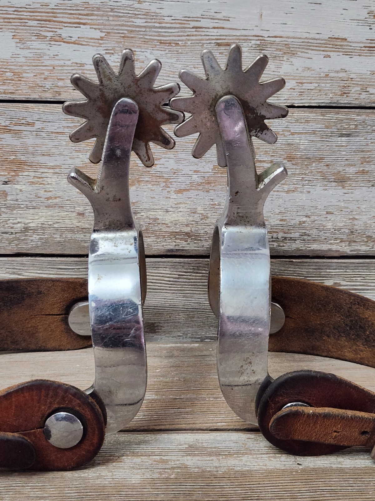 Crockett Renalde Spurs Large Rowel Chrome Plated w/Leather Straps Cowboy Western